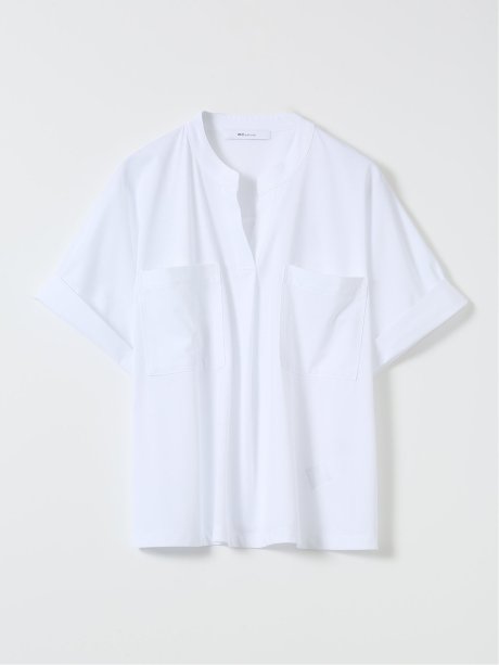 Tシャツ プルオーバー レディース 半袖 接触冷感 無地 スキッパー バンドカラー ダブルポケット