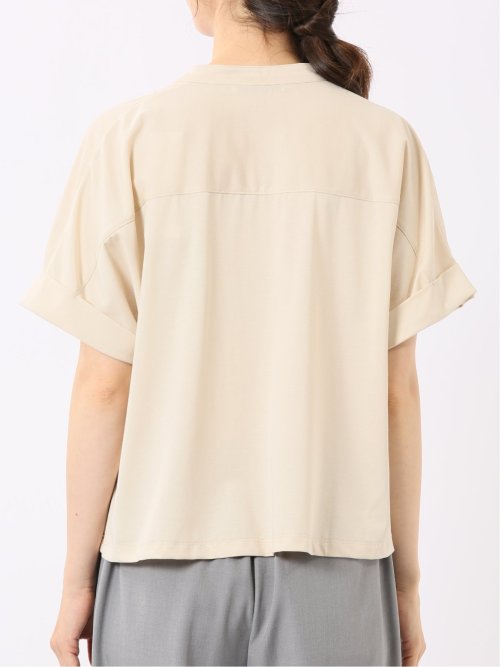 Tシャツ プルオーバー レディース 半袖 接触冷感 無地 スキッパー バンドカラー ダブルポケット