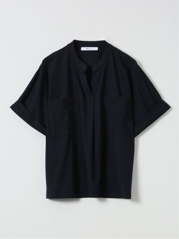 Tシャツ プルオーバー レディース 半袖 接触冷感 無地 スキッパー バンドカラー ダブルポケット