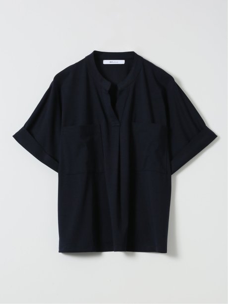 Tシャツ プルオーバー レディース 半袖 接触冷感 無地 スキッパー バンドカラー ダブルポケット