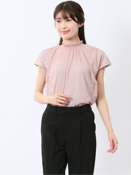 チュール ギャザーネック半袖プルオーバー