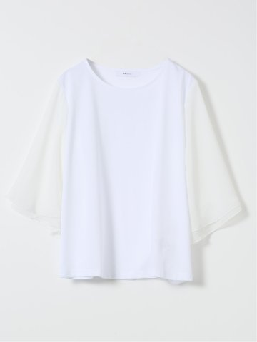 Tシャツ プルオーバー レディース 接触冷感 無地 クルーネック フレアスリーブ 楊柳 切替