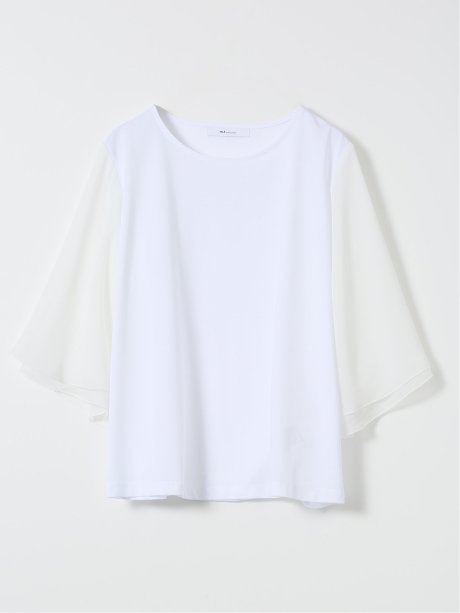 Tシャツ プルオーバー レディース 接触冷感 無地 クルーネック フレアスリーブ 楊柳 切替