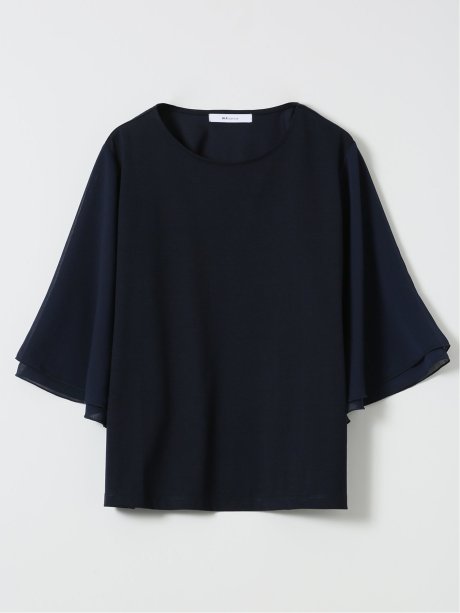 Tシャツ プルオーバー レディース 接触冷感 無地 クルーネック フレアスリーブ 楊柳 切替