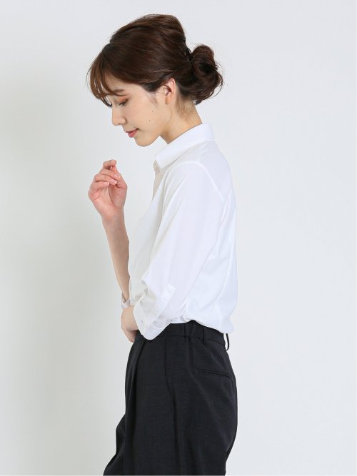 ノーアイロンストレッチ スキッパーギャザー 7分袖ニットシャツ