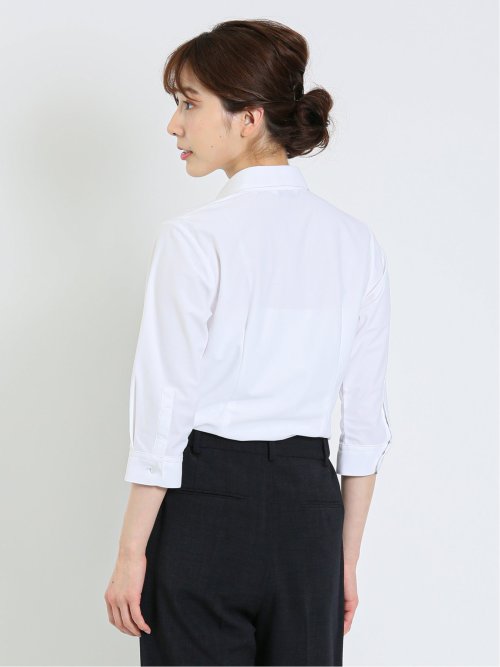 ノーアイロンストレッチ スキッパーギャザー 7分袖ニットシャツ