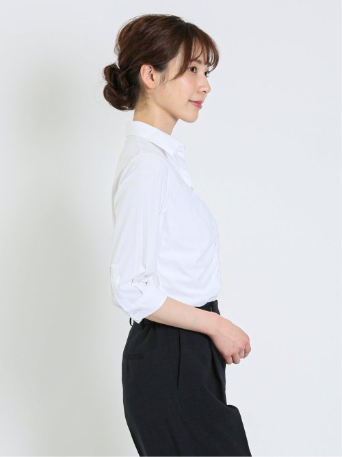 ノーアイロンストレッチ スキッパーギャザー 7分袖ニットシャツ