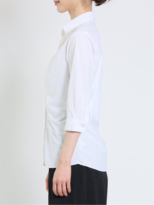 ノーアイロンストレッチ スキッパーギャザー 7分袖ニットシャツ