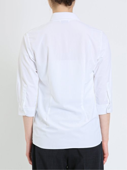 ノーアイロンストレッチ スキッパーギャザー 7分袖ニットシャツ