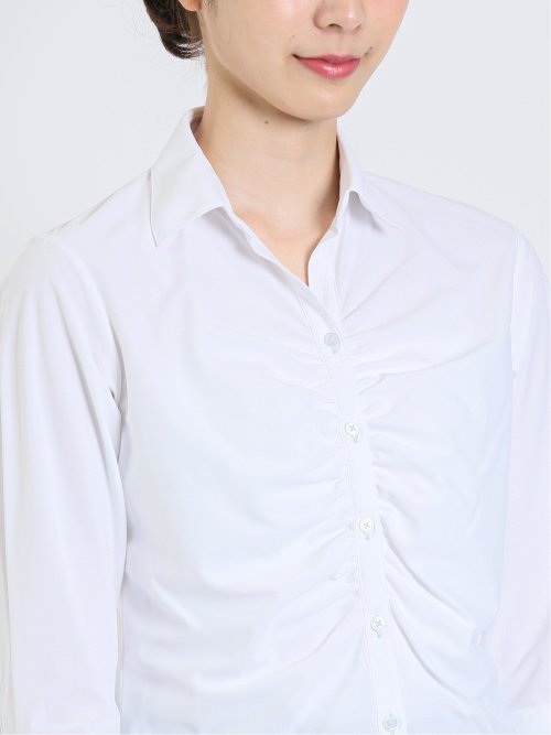 ノーアイロンストレッチ スキッパーギャザー 7分袖ニットシャツ