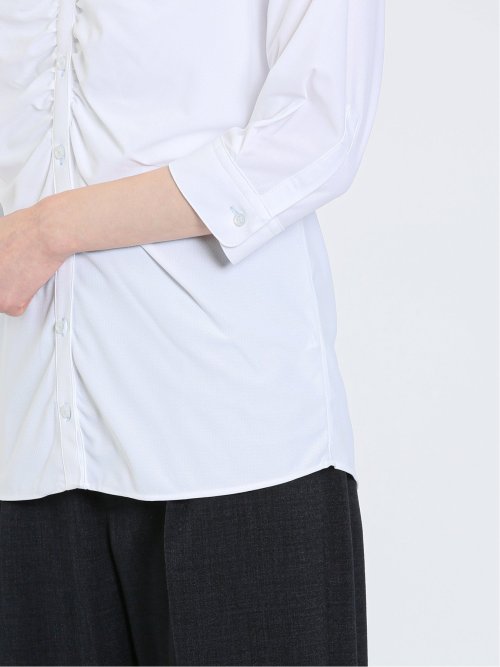 ノーアイロンストレッチ スキッパーギャザー 7分袖ニットシャツ