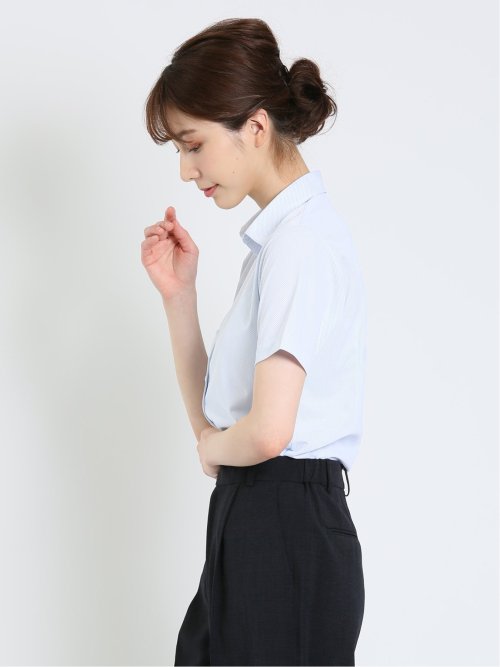 ノーアイロンストレッチ スキッパーカラー 半袖ニットシャツ