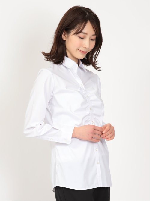 形態安定 ストレッチ スキッパーギャザー 長袖シャツ