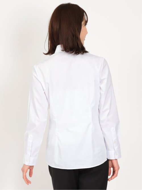 形態安定 ストレッチ スキッパーギャザー 長袖シャツ