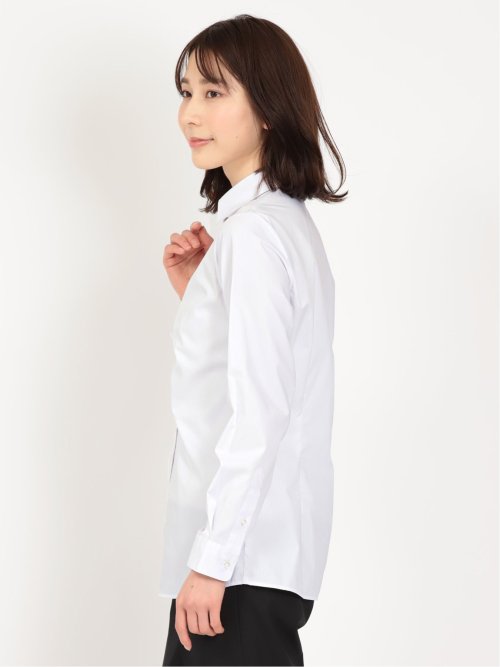 形態安定 ストレッチ スキッパーギャザー 長袖シャツ