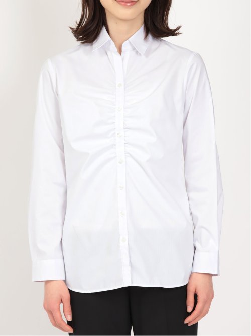 形態安定 ストレッチ スキッパーギャザー 長袖シャツ