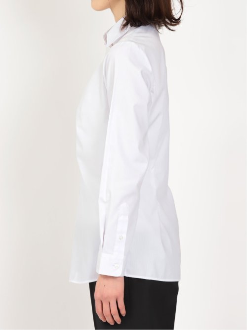 形態安定 ストレッチ スキッパーギャザー 長袖シャツ