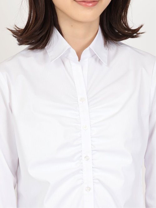 形態安定 ストレッチ スキッパーギャザー 長袖シャツ