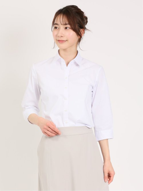 形態安定 ストレッチ スキッパーカラー 7分袖シャツ(S 01白): ビジネス