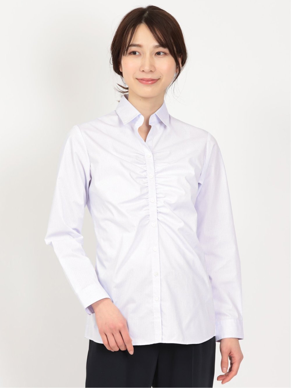 形態安定 ストレッチ スキッパーギャザー 長袖シャツ