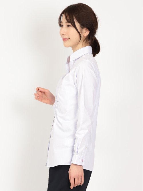 形態安定 ストレッチ スキッパーギャザー 長袖シャツ