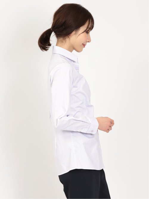 形態安定 ストレッチ スキッパーギャザー 長袖シャツ