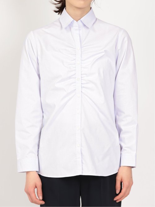 形態安定 ストレッチ スキッパーギャザー 長袖シャツ