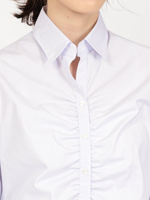 形態安定 ストレッチ スキッパーギャザー 長袖シャツ