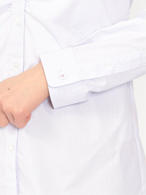 形態安定 ストレッチ スキッパーギャザー 長袖シャツ