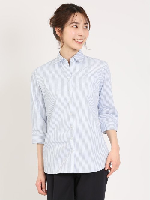 形態安定 ストレッチ スキッパーカラー 7分袖シャツ(S 75紺): ビジネス 