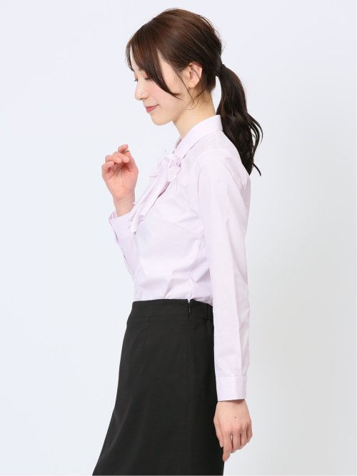 透け防止 形態安定 リボン脱着 長袖シャツ