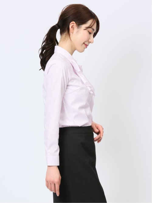 透け防止 形態安定 リボン脱着 長袖シャツ