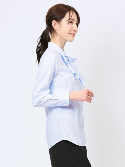透け防止 形態安定 リボン脱着 長袖シャツ