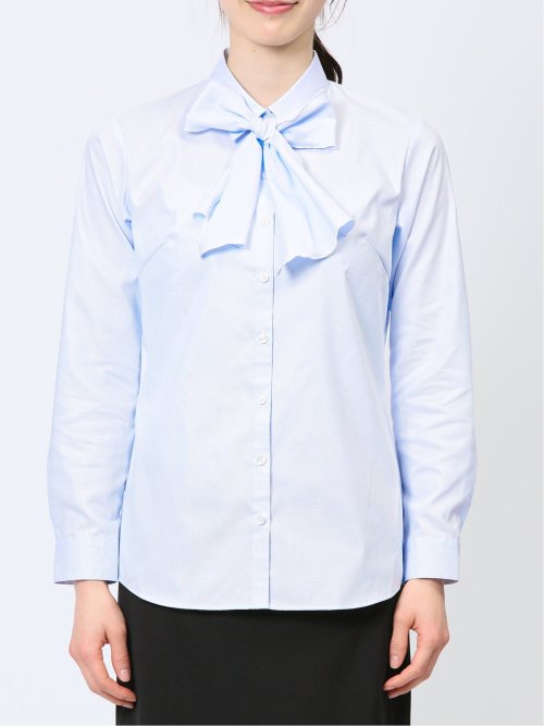 透け防止 形態安定 リボン脱着 長袖シャツ