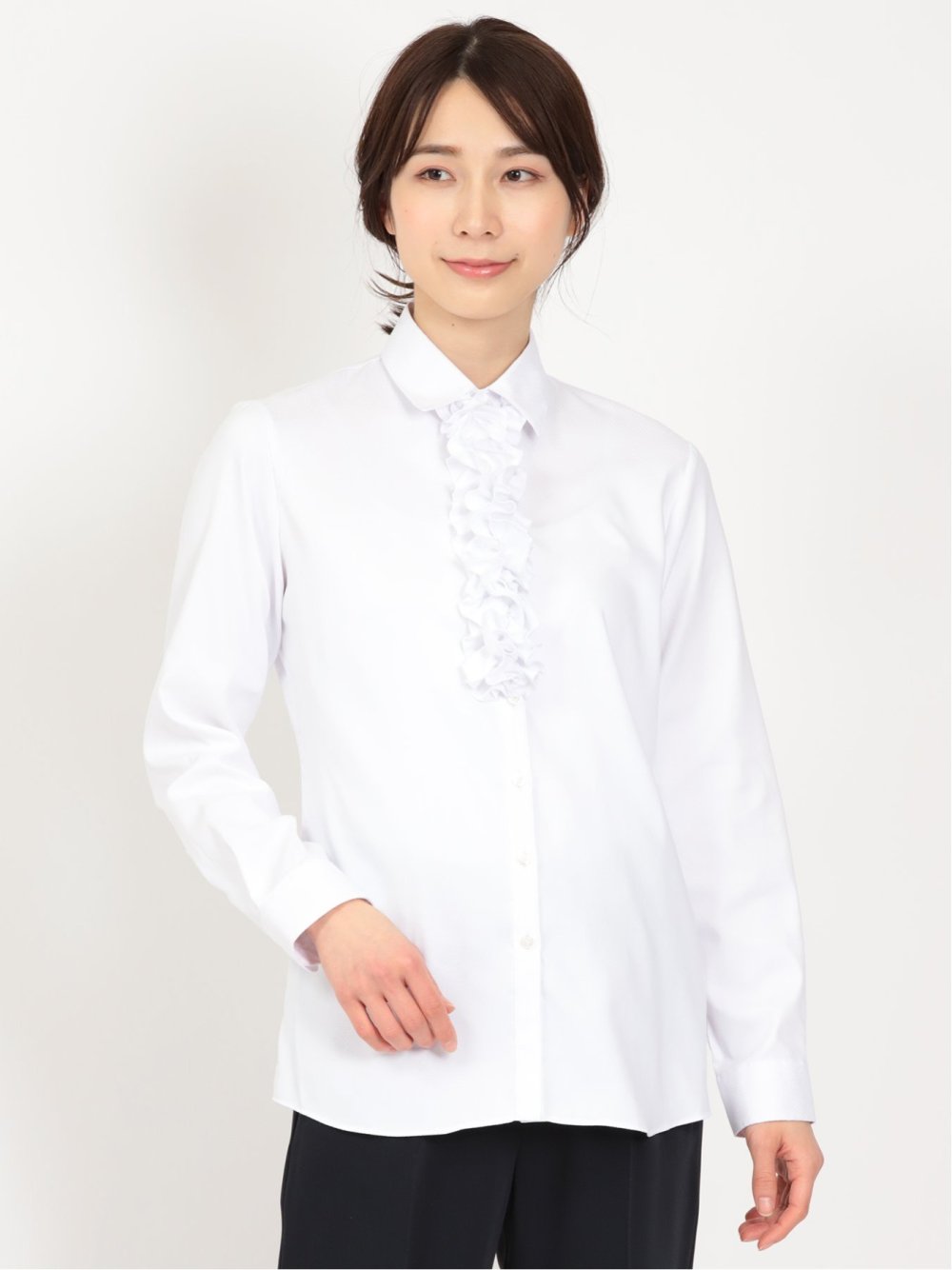 形態安定 ストレッチ フリル脱着 長袖シャツ