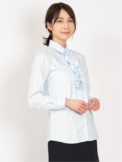 形態安定 ストレッチ フリル脱着 長袖シャツ