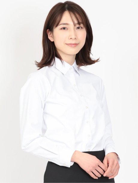 透け防止 形態安定 UVカット 綿混 白 無地 レギュラーカラー 長袖 ブラウス ワイシャツ レディース