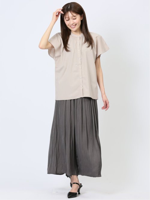 バンブーレーヨン バンドカラー半袖ブラウス