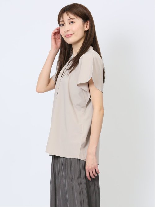 バンブーレーヨン バンドカラー半袖ブラウス