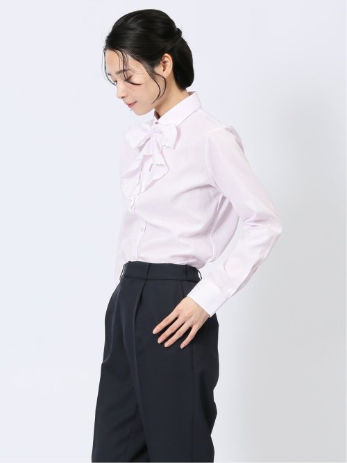 形態安定 リボン脱着 長袖シャツ