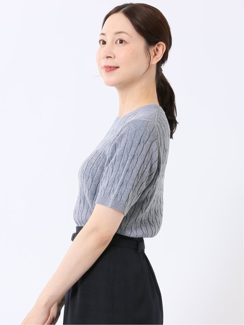 ニット プルオーバー レディース 半袖 ハンドウォッシャブル ケーブル クルーネック セーター