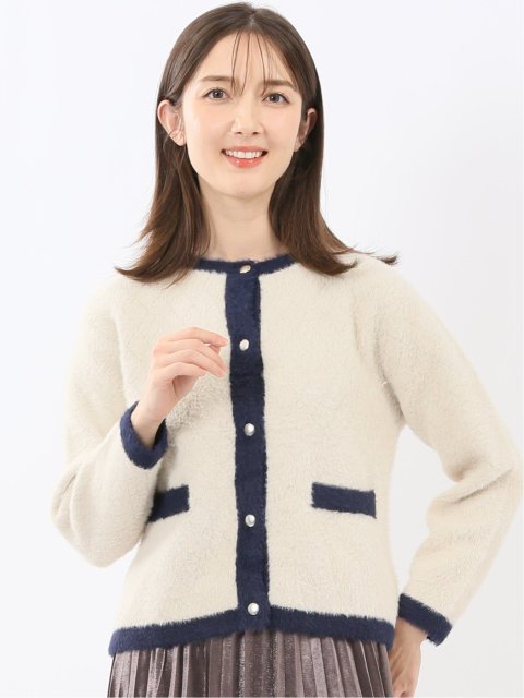 ウォッシャブル ラメ格子フェザー ニットジャケット