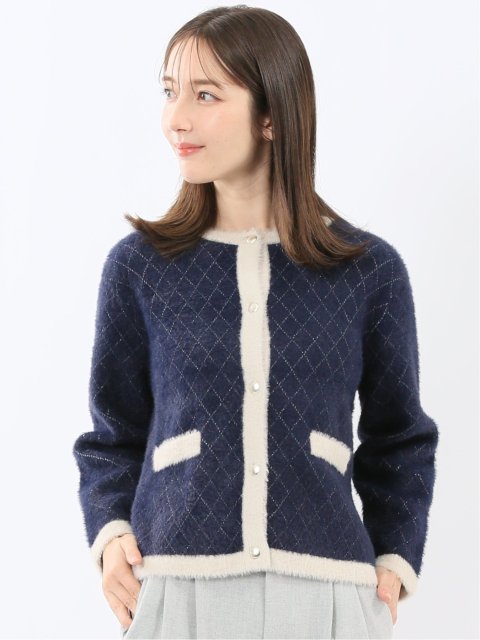 ウォッシャブル ラメ格子フェザー ニットジャケット