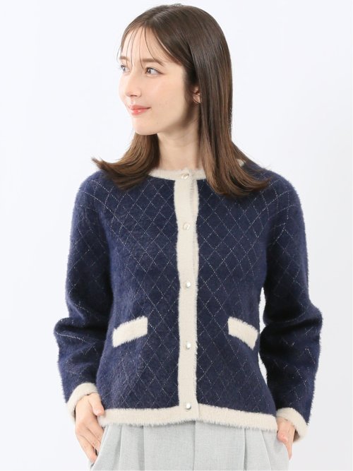 ウォッシャブル ラメ格子フェザー ニットジャケット