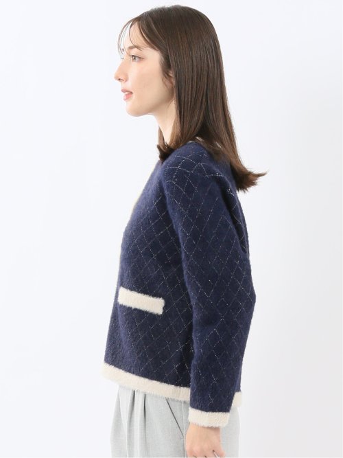 ウォッシャブル ラメ格子フェザー ニットジャケット