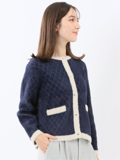 ウォッシャブル ラメ格子フェザー ニットジャケット