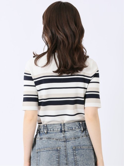 快適機能 ボーダー クルー 半袖 ニット プルオーバー