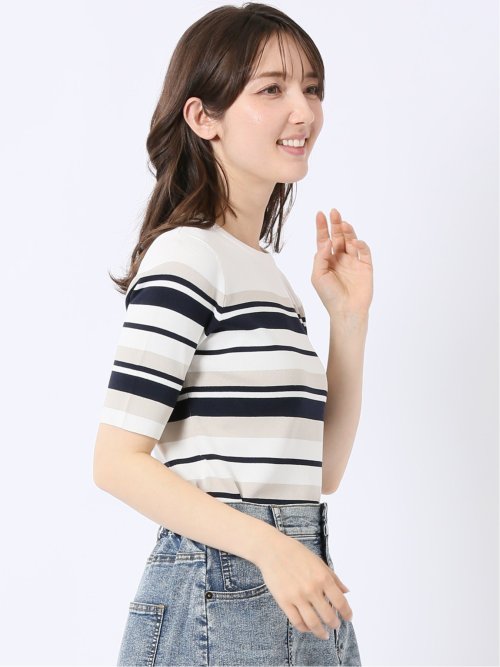 快適機能 ボーダー クルー 半袖 ニット プルオーバー