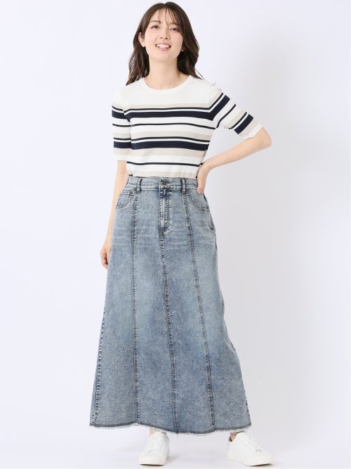 快適機能 ボーダー クルー 半袖 ニット プルオーバー