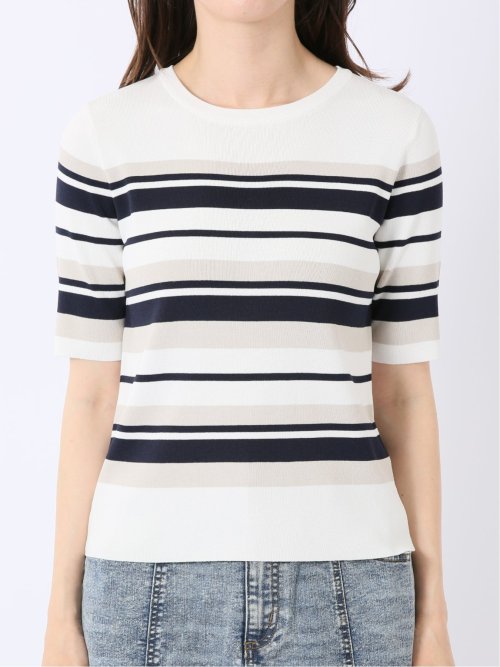 快適機能 ボーダー クルー 半袖 ニット プルオーバー